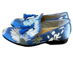 Mens Blue Floral Embroidered Tassel Loafers Dress Shoes Size 240 / 7.5